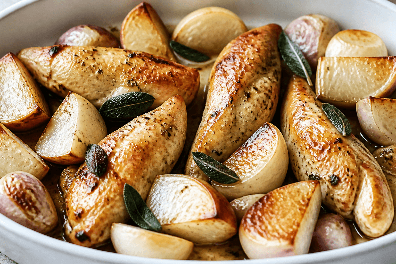 Aiguillette de poulet au four, navet et sauge, plat terminé présenté naturellement