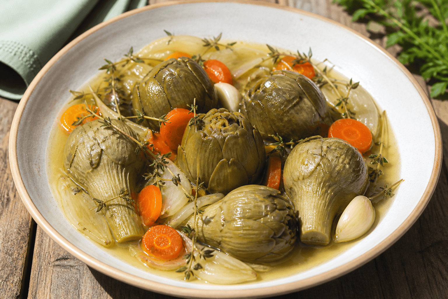 Artichauts barigoule aux carottes et vin blanc, plat terminé photographié avec les ingrédients principaux de la recette