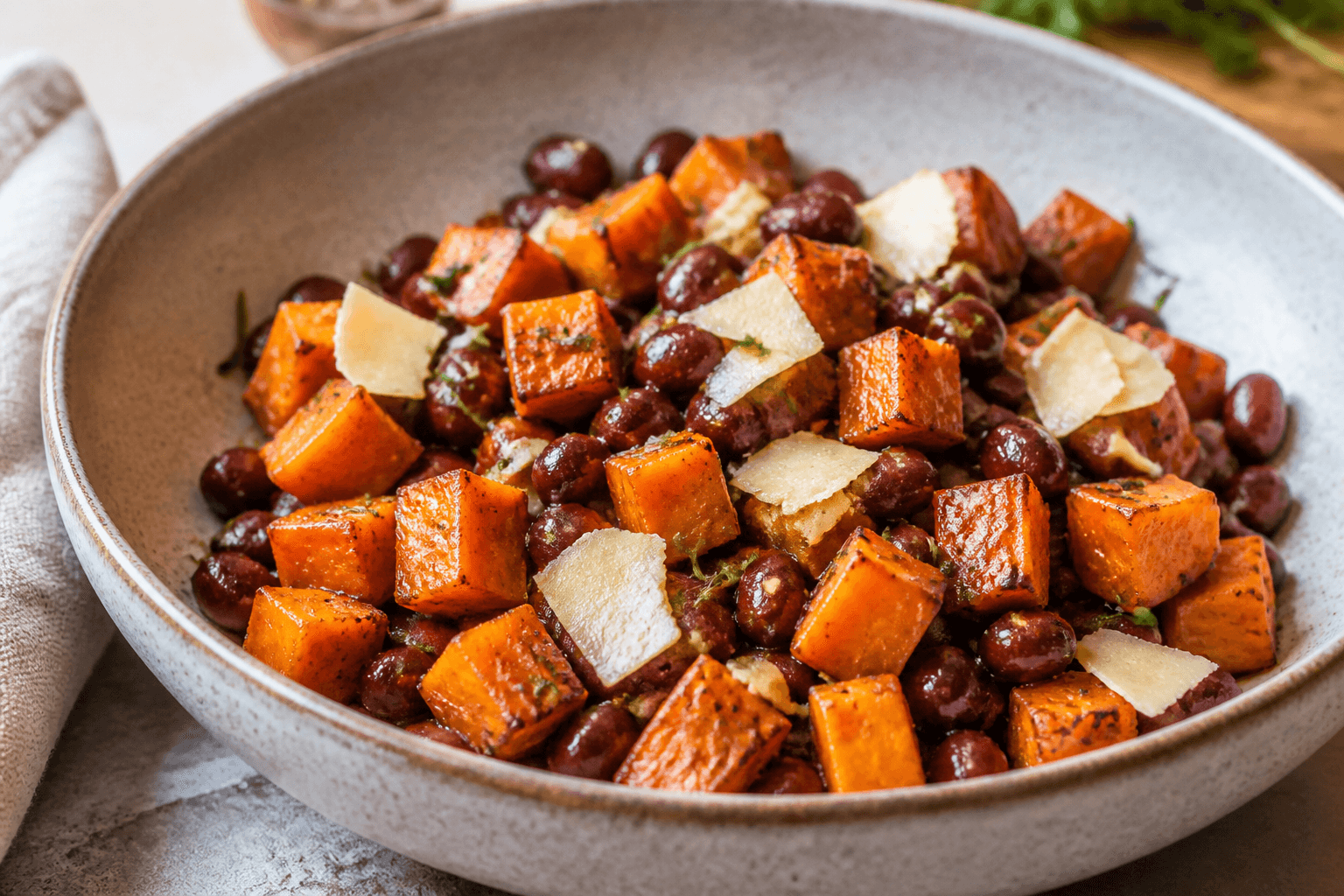 Poêlée d’azukis avec patate douce fondante et tomme de brebis