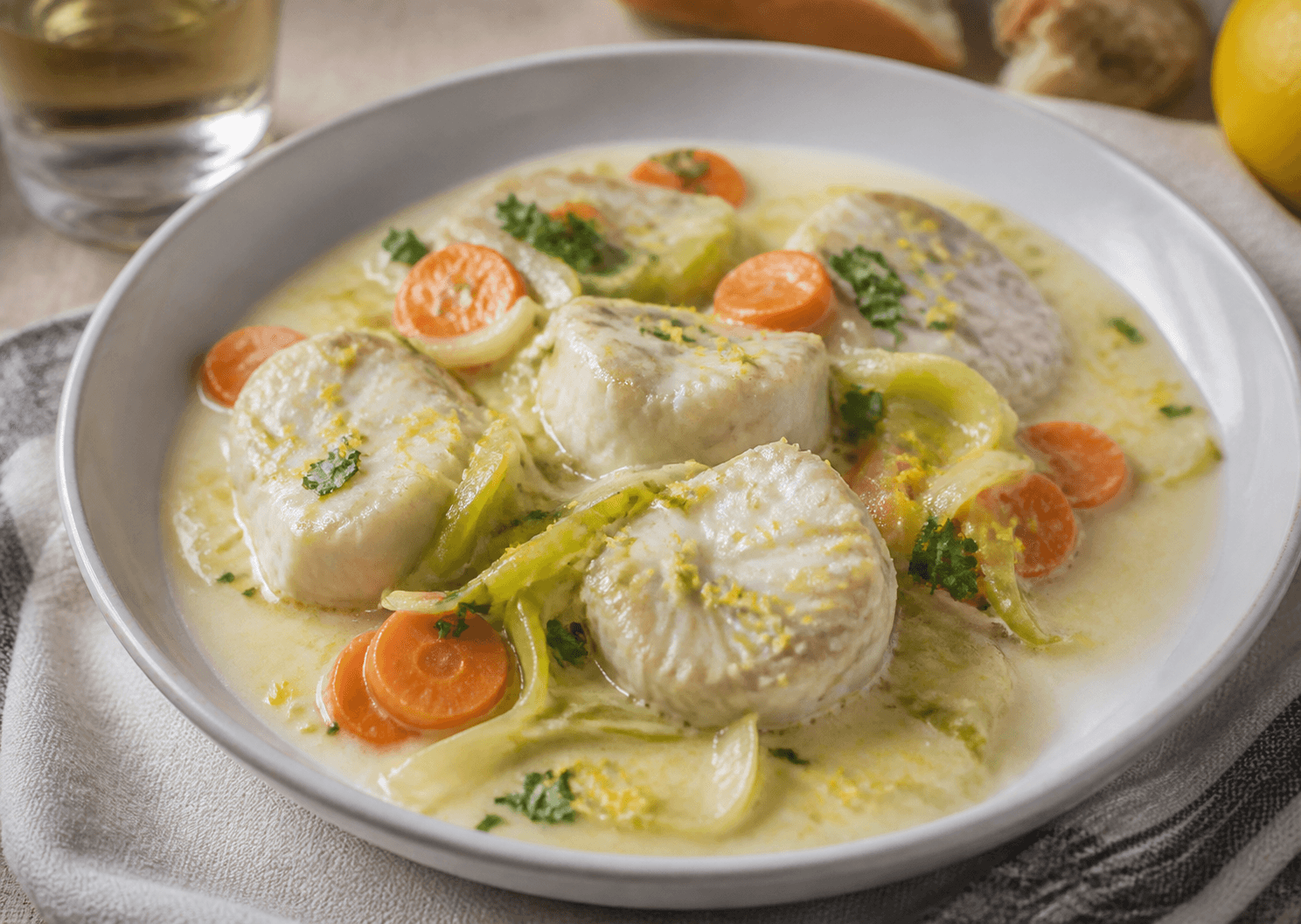 Blanquette de lotte aux poireaux et citron, plat terminé présenté naturellement