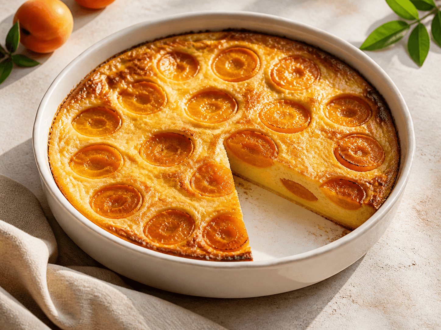 Clafoutis aux abricots et amandes, plat terminé présenté naturellement