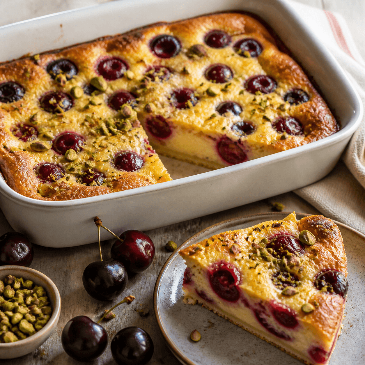 Clafoutis aux cerises et pistache, plat terminé présenté naturellement