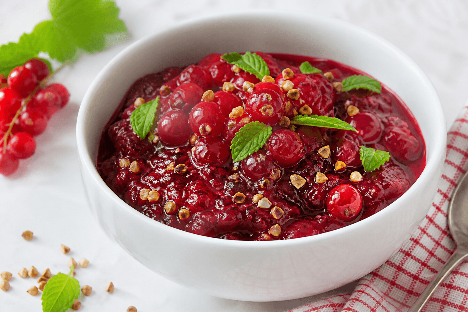 Compotée de groseille à la menthe douce et sarrasin grillé, plat terminé présenté naturellement