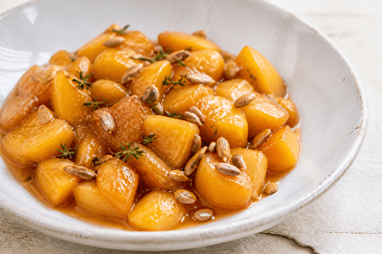 Compotée de nectarine jaune au thym doux et graines de tournesol