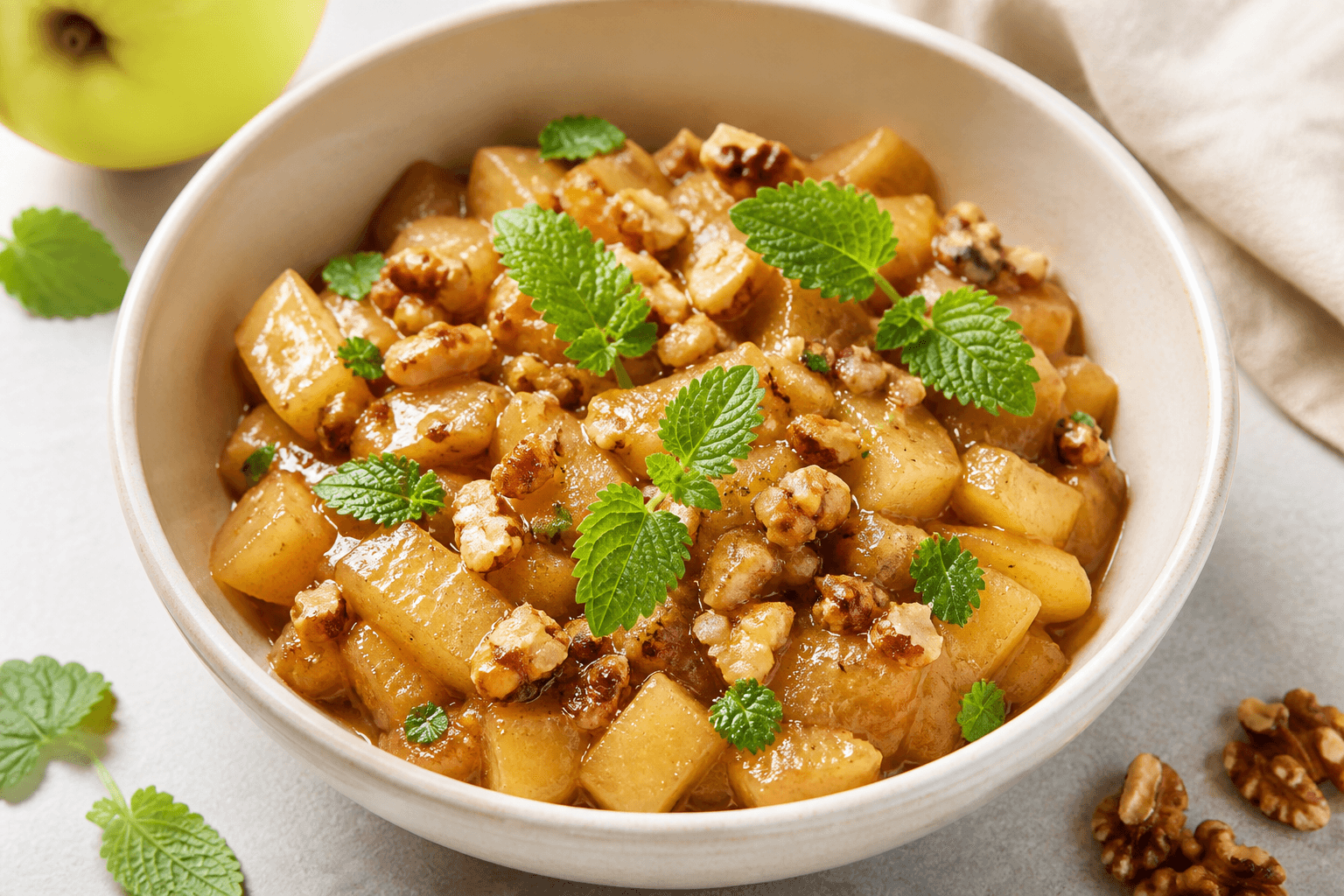 Bol de compotée de pommes reinette avec mélisse fraîche et noix grillée concassée.