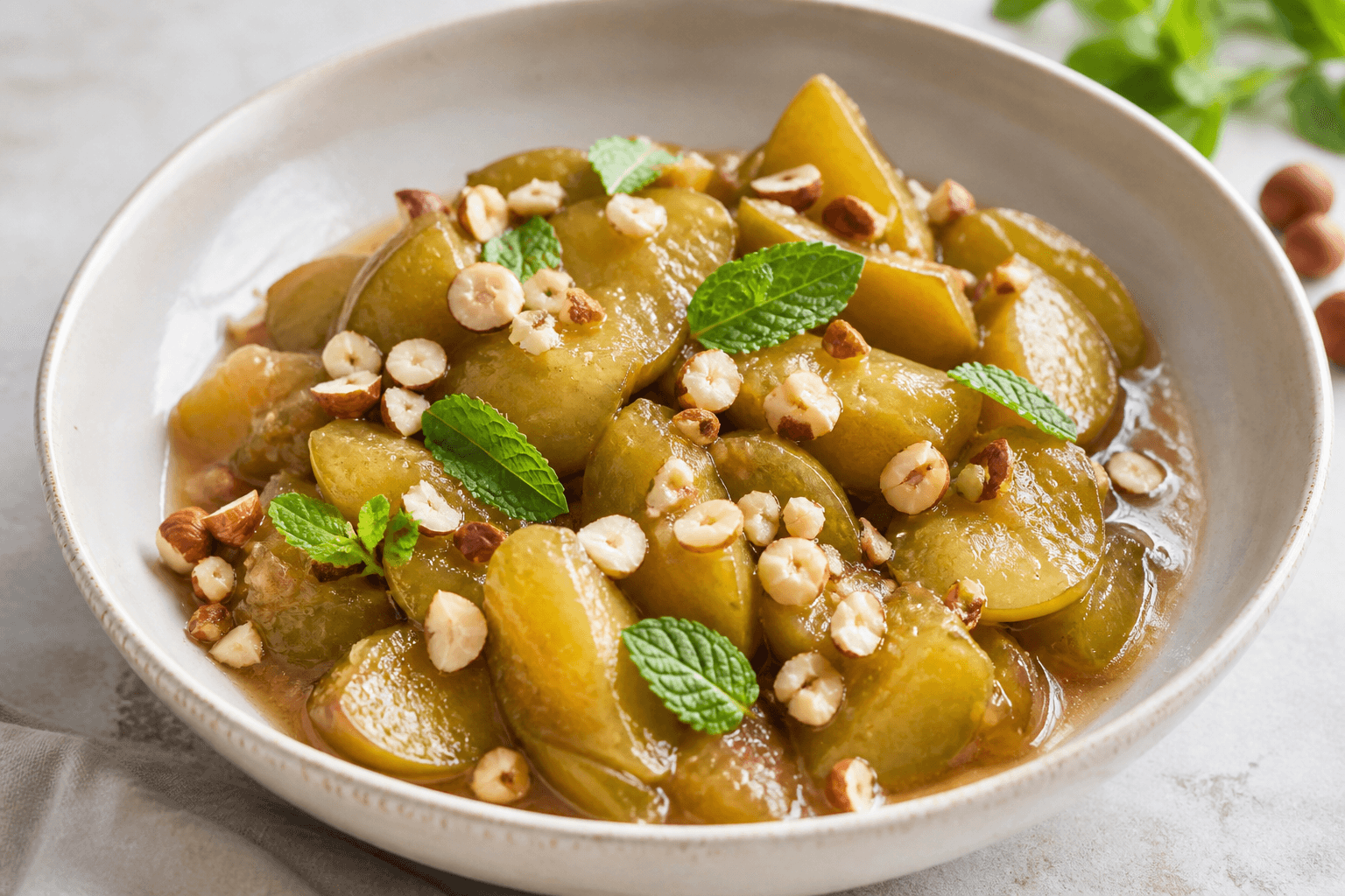 Bol de compotée de prunes vertes avec feuilles de menthe douce et noisettes fumées concassées.