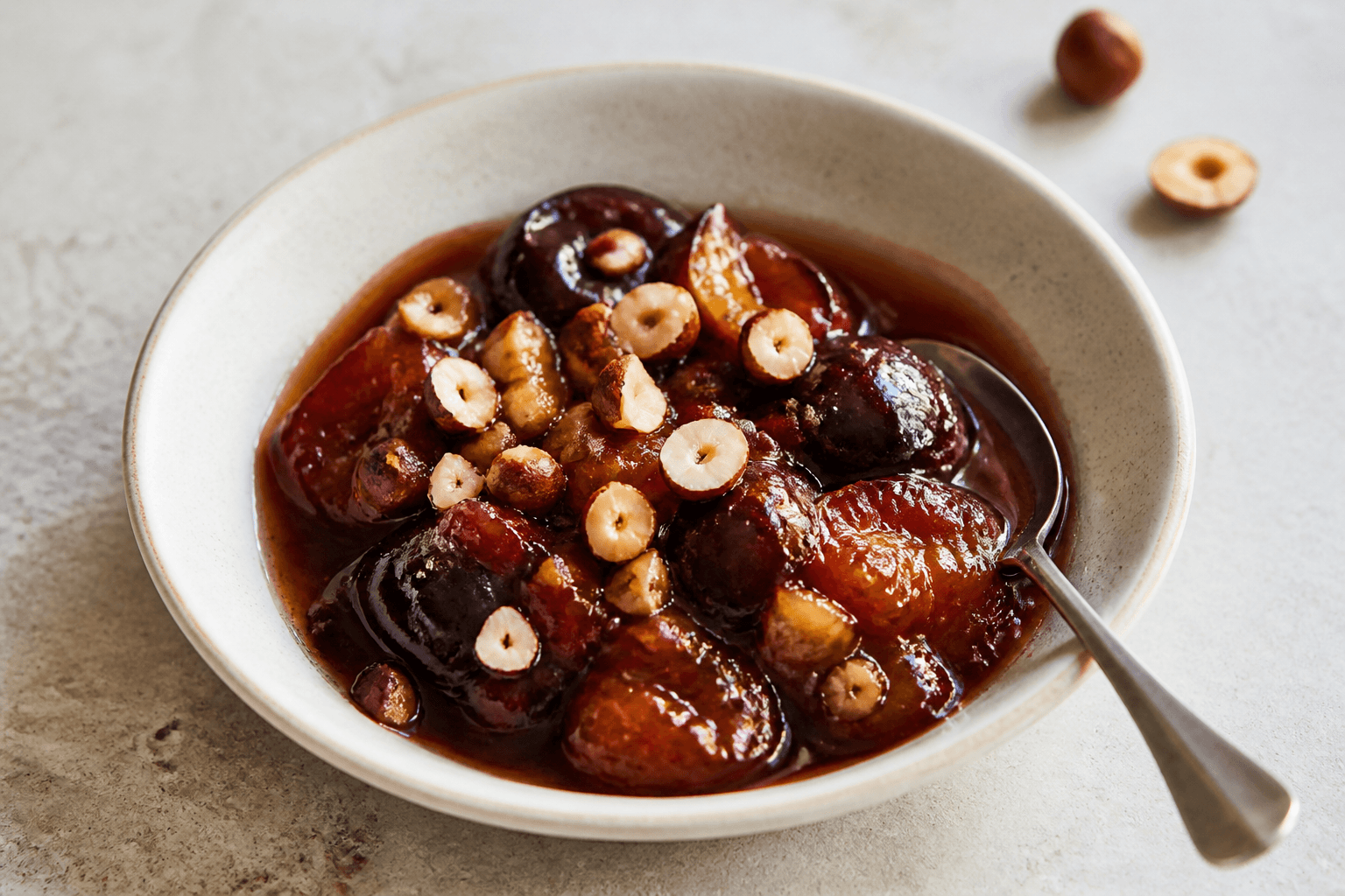 Photo du plat fini : Compotée quetsche, miel de sapin et noisette