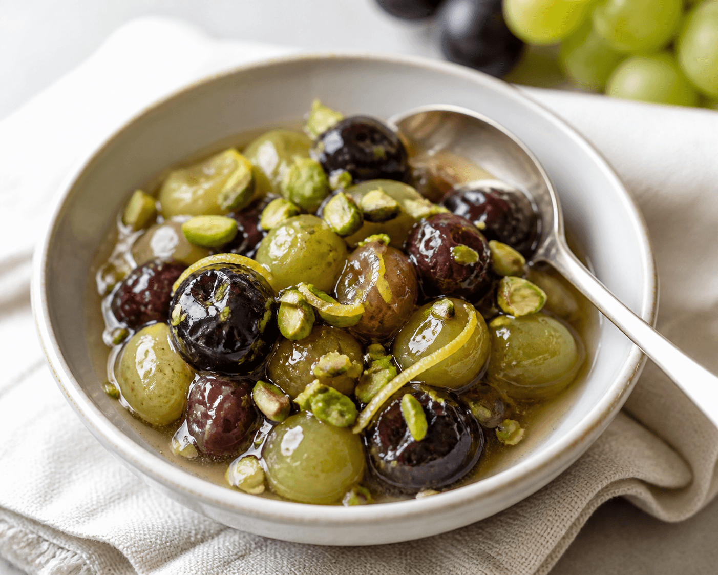 Photo du plat fini : Compotée raisin, citron et pistache