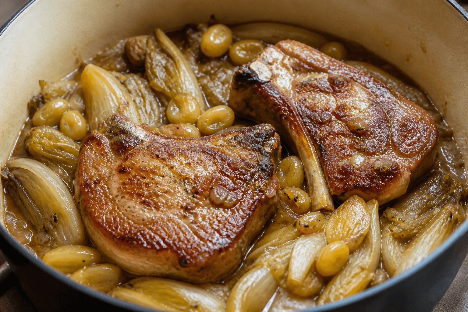 Côte de porc en cocotte, endive et raisin blanc, plat terminé présenté naturellement