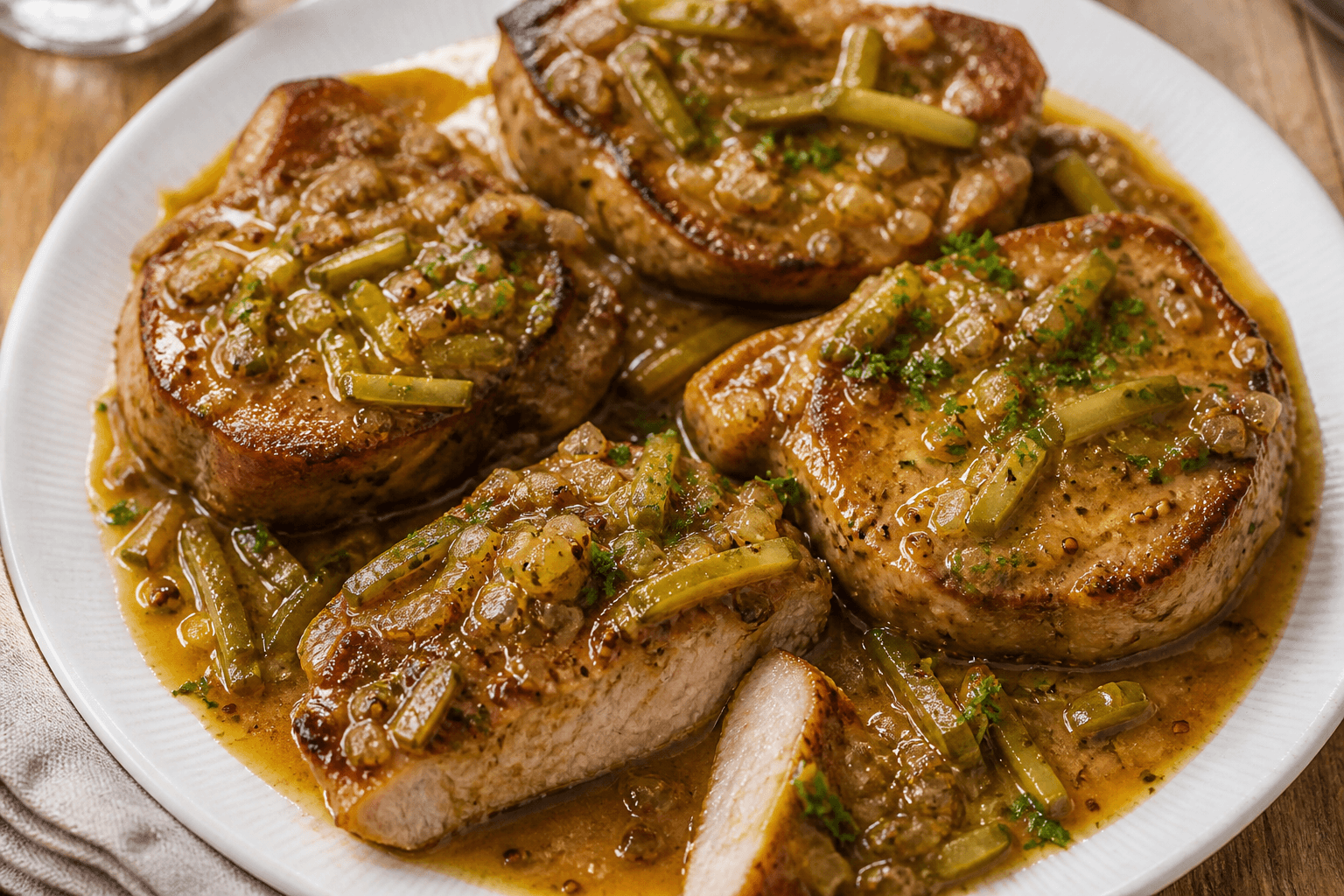 Côtes de porc charcutière aux cornichons, plat terminé présenté naturellement