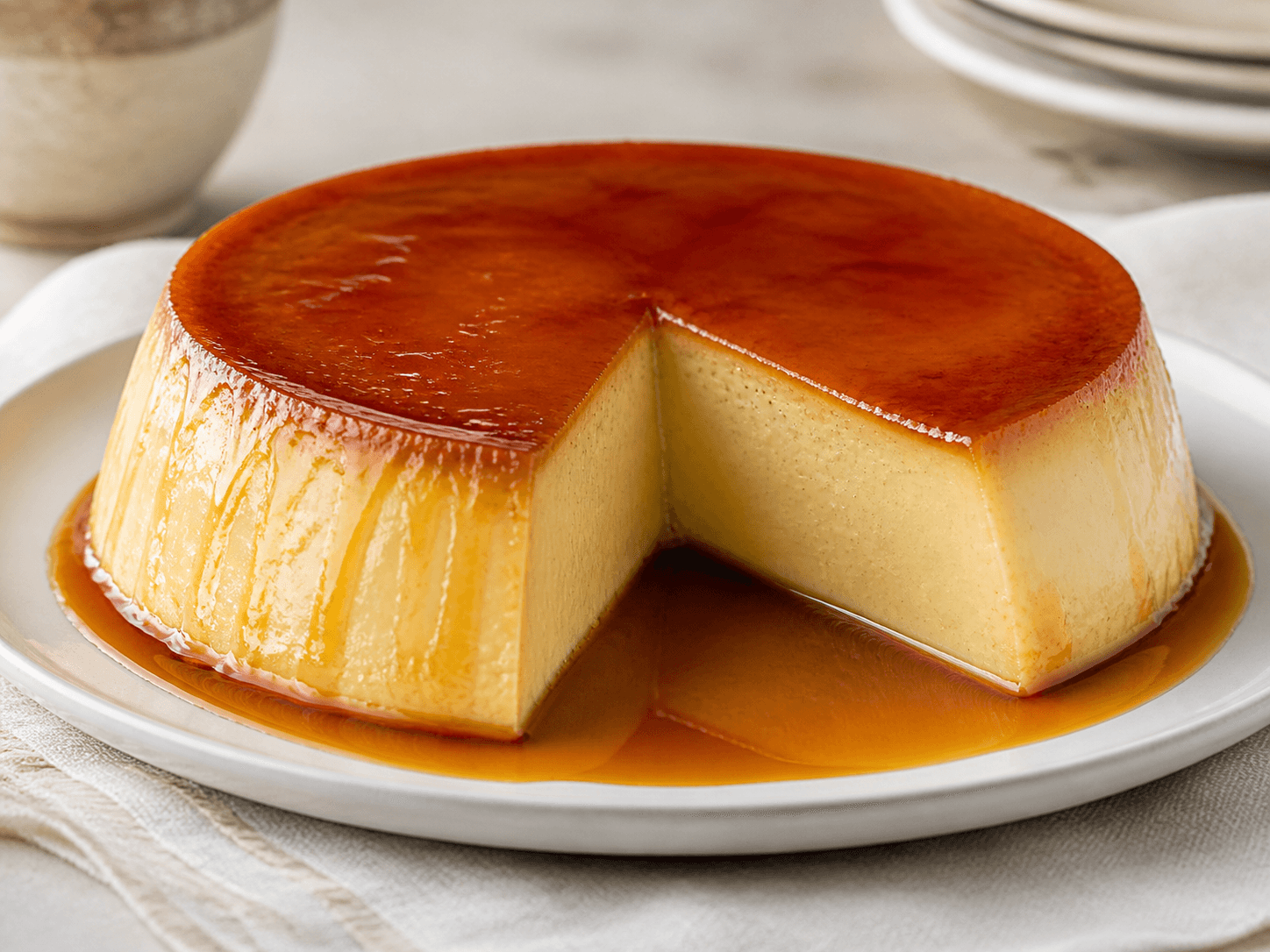Crème renversée caramel vanille, plat terminé présenté naturellement