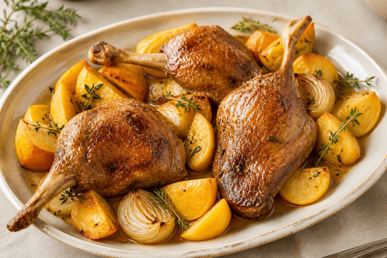 Cuisse de canette au four, navet boule d'or et thym citron, plat terminé présenté naturellement