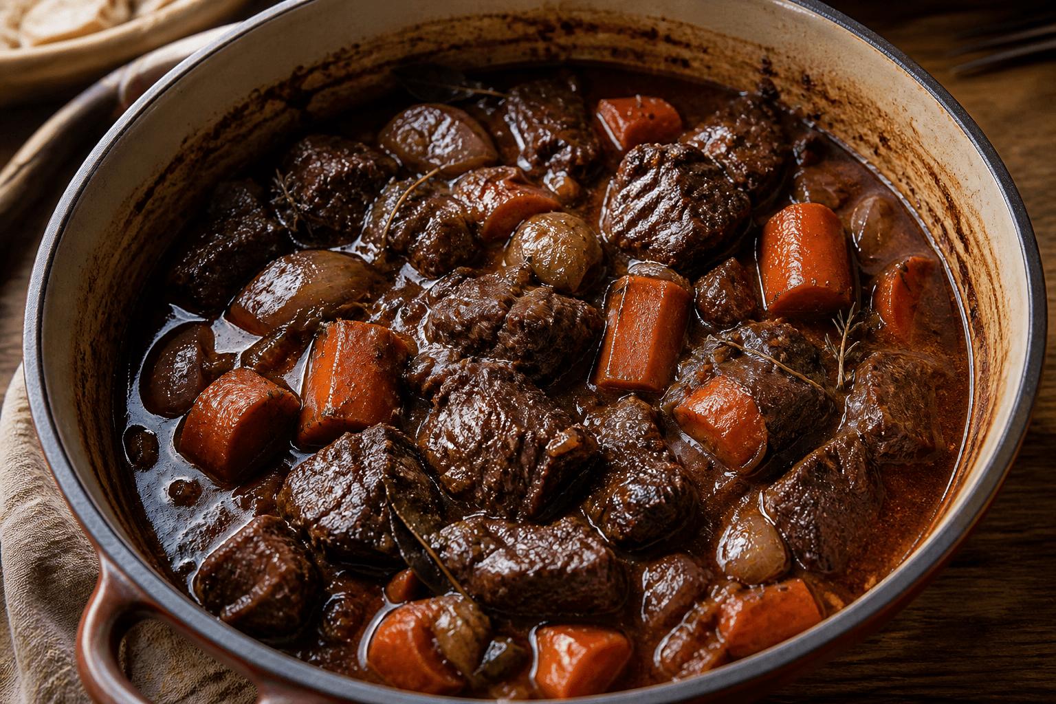 Daube de bœuf aux carottes et vin rouge, plat terminé présenté naturellement