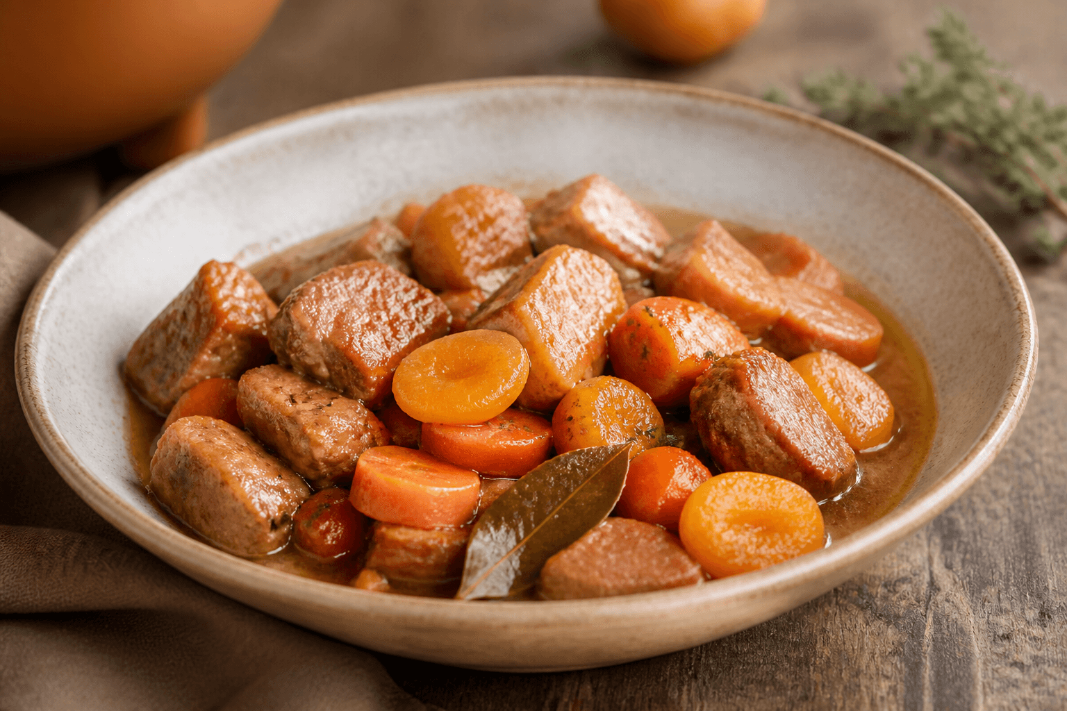 Échine de porc en cocotte, carotte et abricot sec, plat terminé présenté naturellement