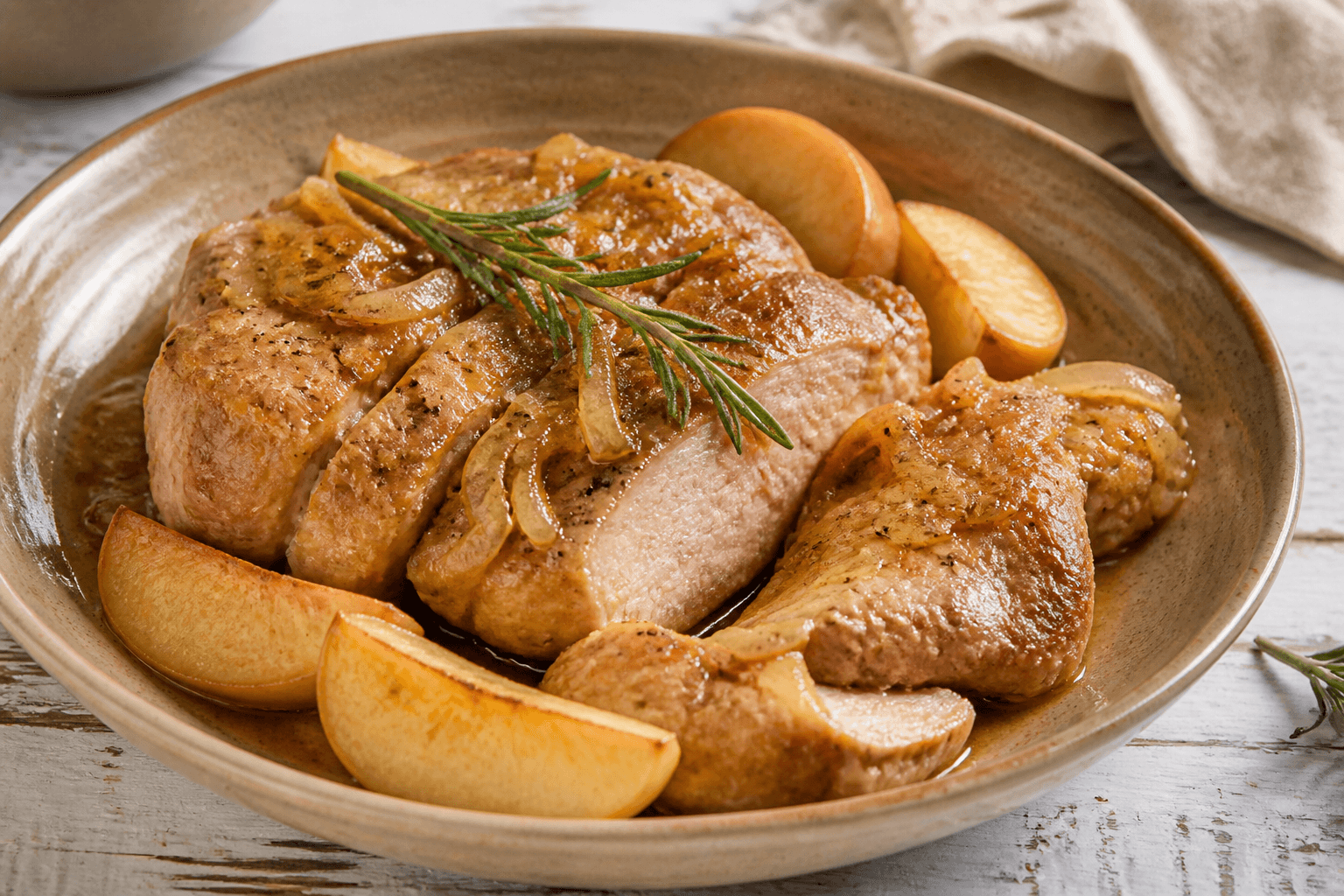 Échine de porc au cidre, pommes et romarin, plat terminé présenté naturellement