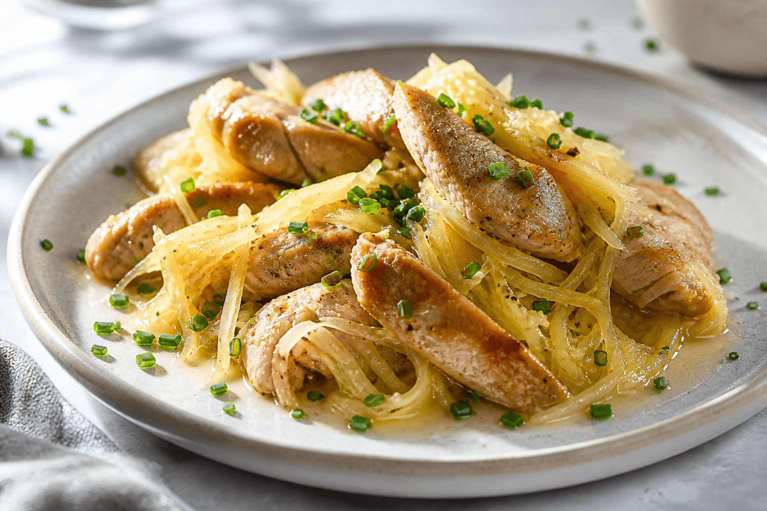 Émincé de dinde au four, courge spaghetti et ciboulette, plat terminé présenté naturellement