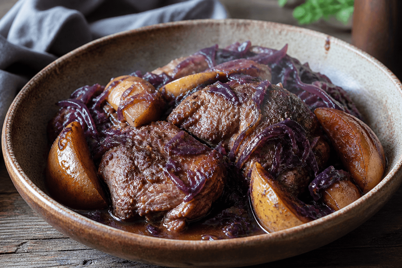 Épaule de porc en cocotte, chou rouge et pomme reinette, plat terminé présenté naturellement