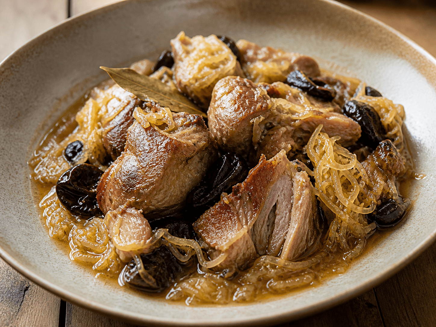 Épaule de porc en cocotte, courge spaghetti et prune séchée, plat terminé présenté naturellement