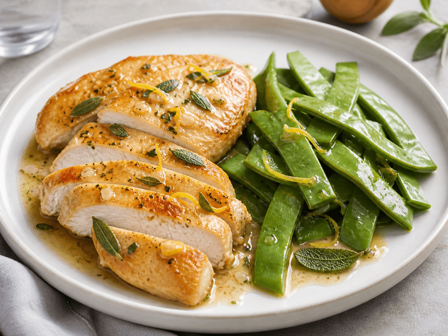 Escalopes de dinde citron-sauge et haricots plats, plat terminé présenté naturellement