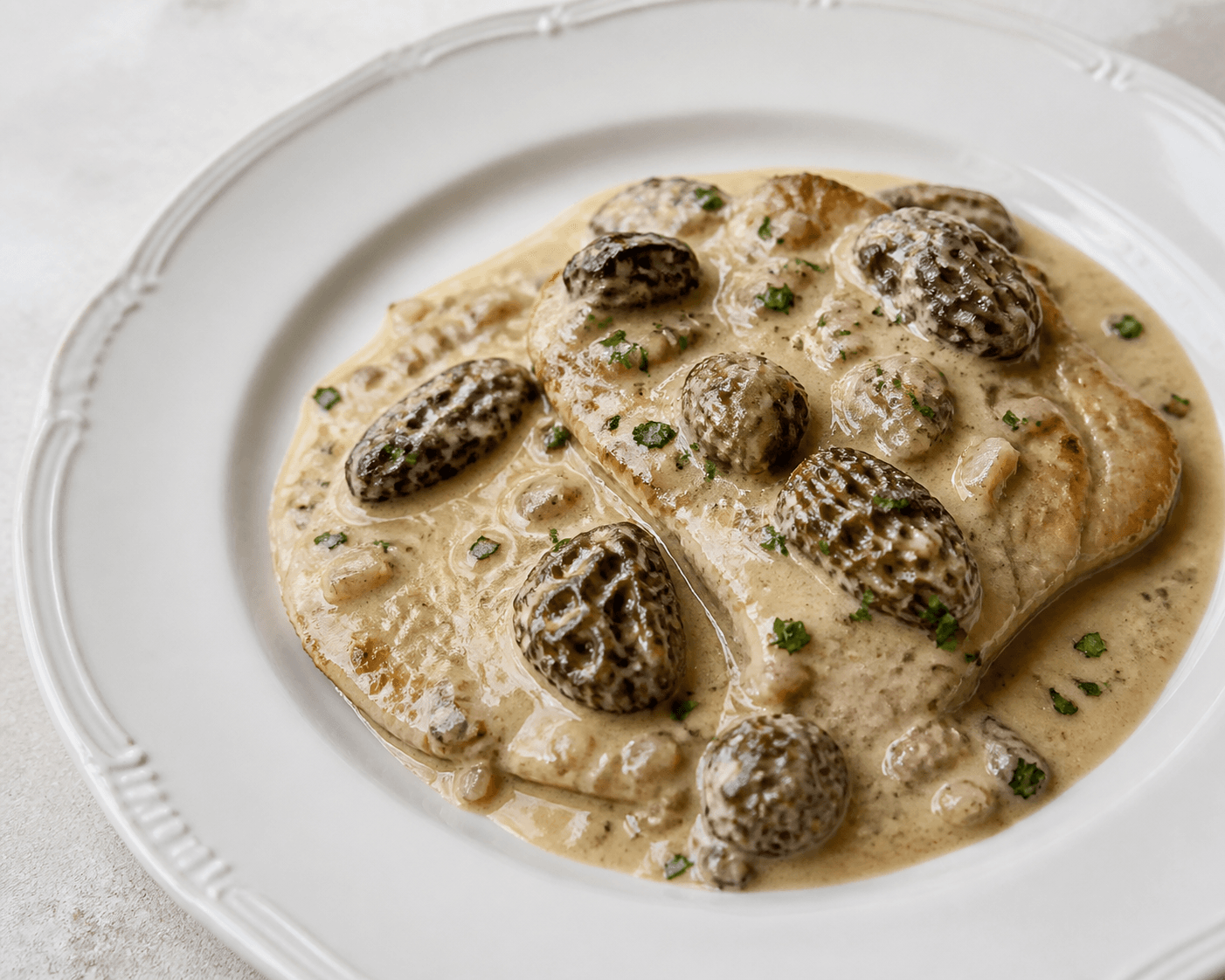 Escalopes de veau à la crème et aux morilles, plat terminé présenté naturellement