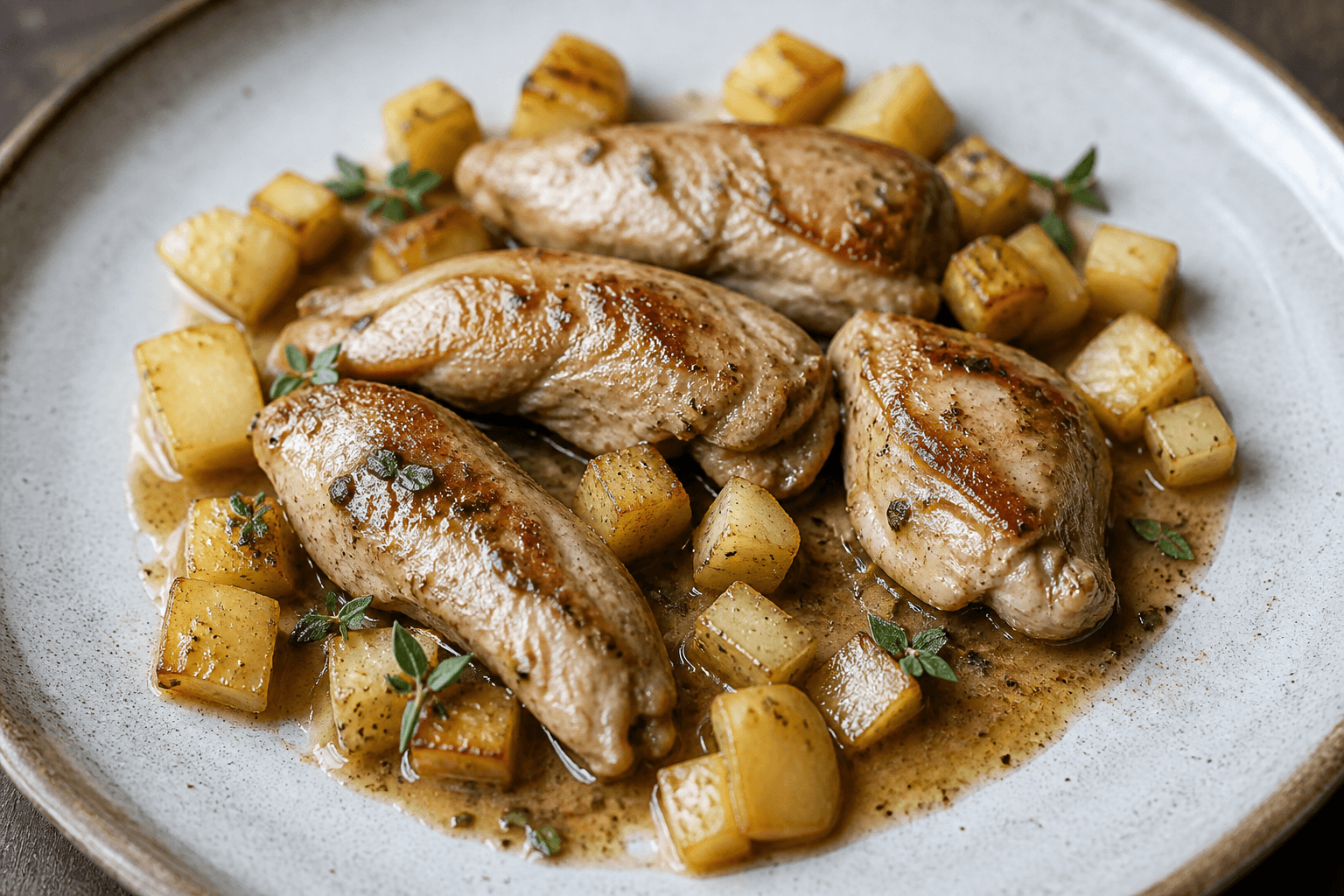 Filet de caille au four, chou-rave et hysope, plat terminé présenté naturellement