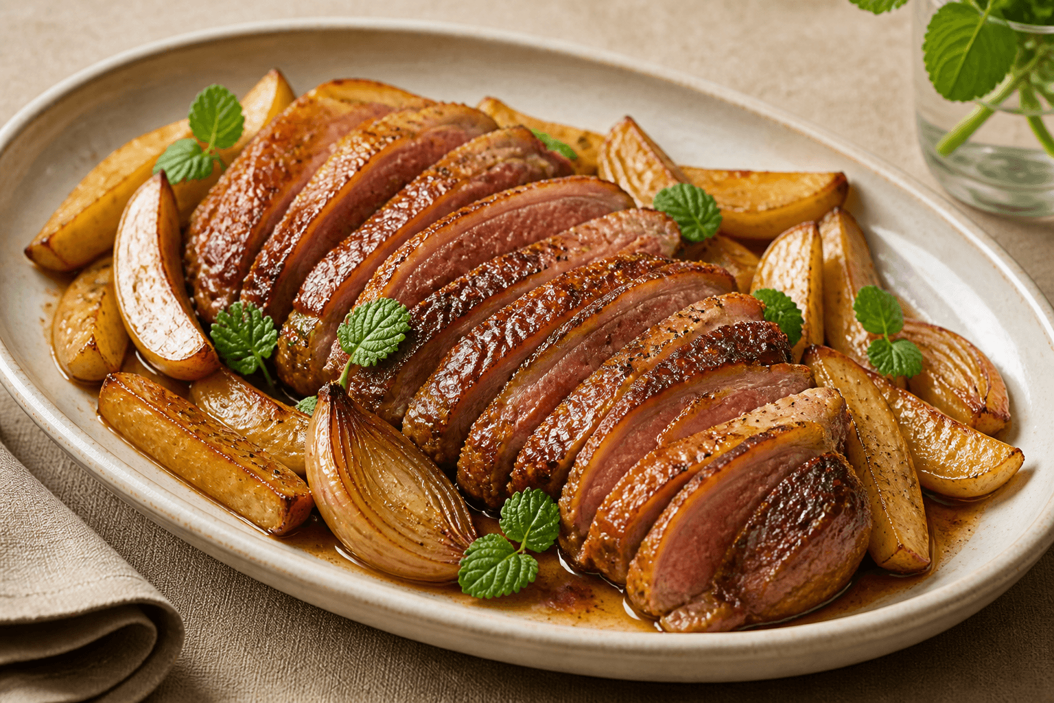 Filet de canard au four, navet long et mélisse, plat terminé présenté naturellement