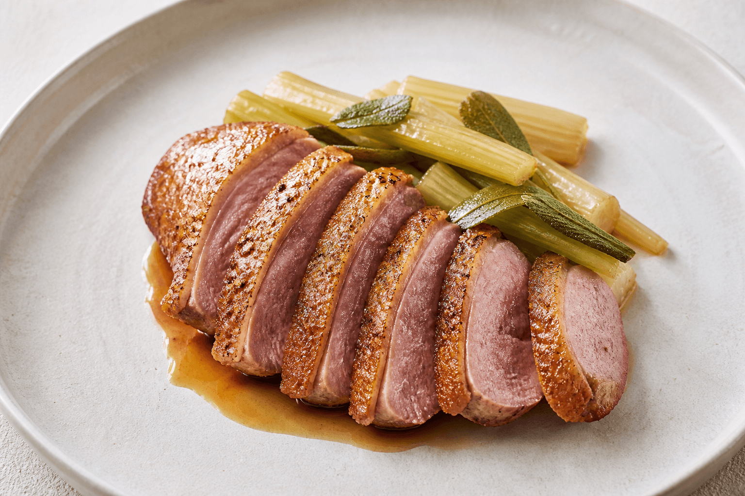 Filet de canette au four, céleri branche et sauge, plat terminé présenté naturellement