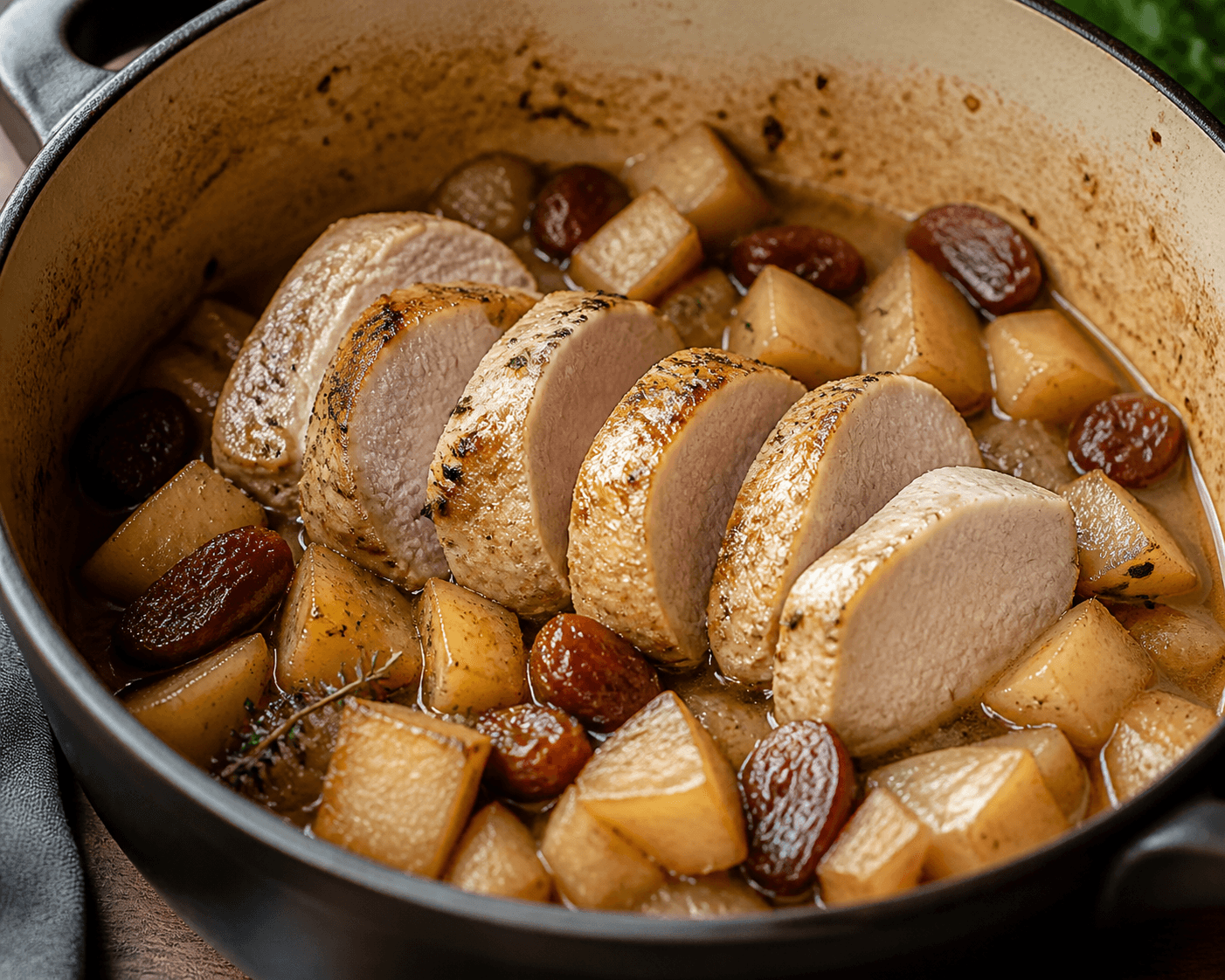 Filet de porc en cocotte, céleri-rave et poire séchée, plat terminé présenté naturellement