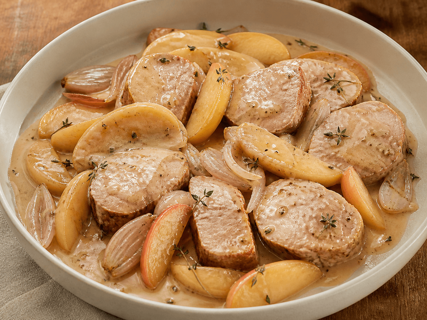 Filet mignon au cidre et aux pommes, plat terminé présenté naturellement