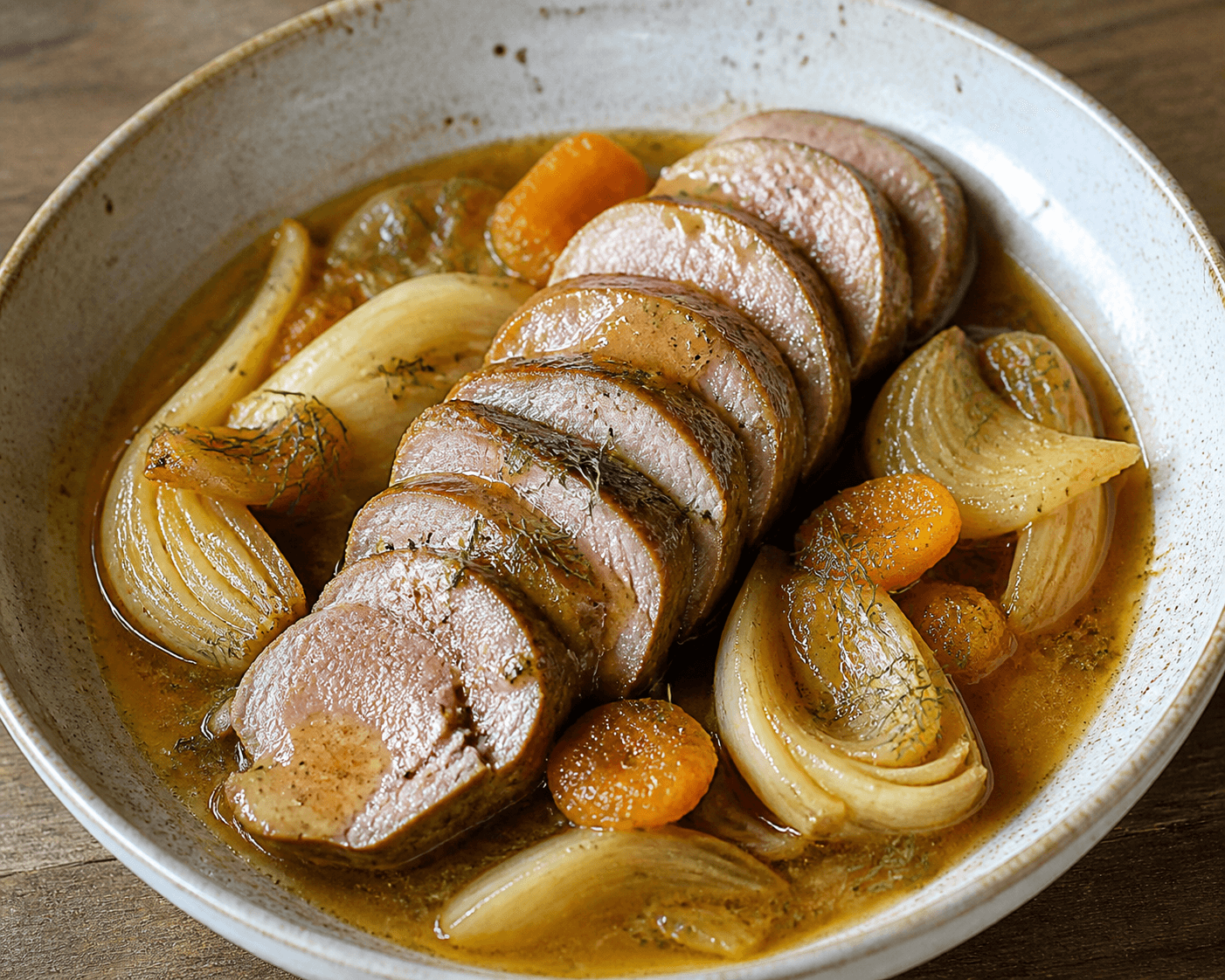 Filet mignon de porc en cocotte, fenouil et abricot sec, plat terminé présenté naturellement