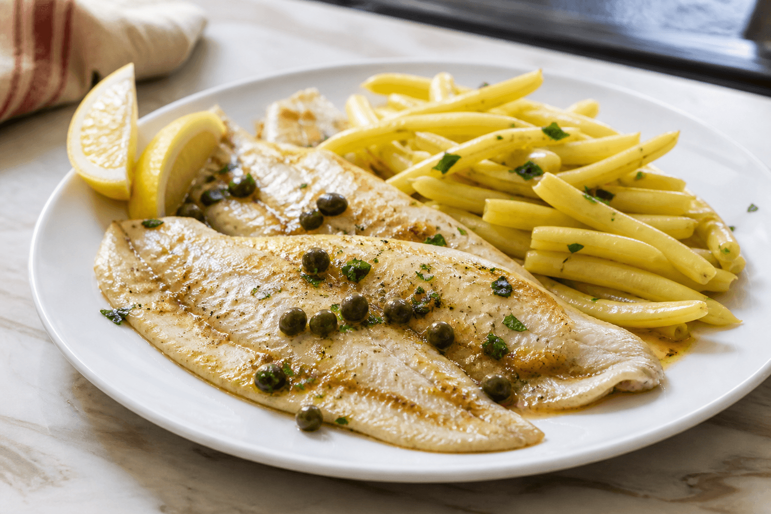Filets de limande au beurre noisette, câpres, citron et haricots beurre jaunes.