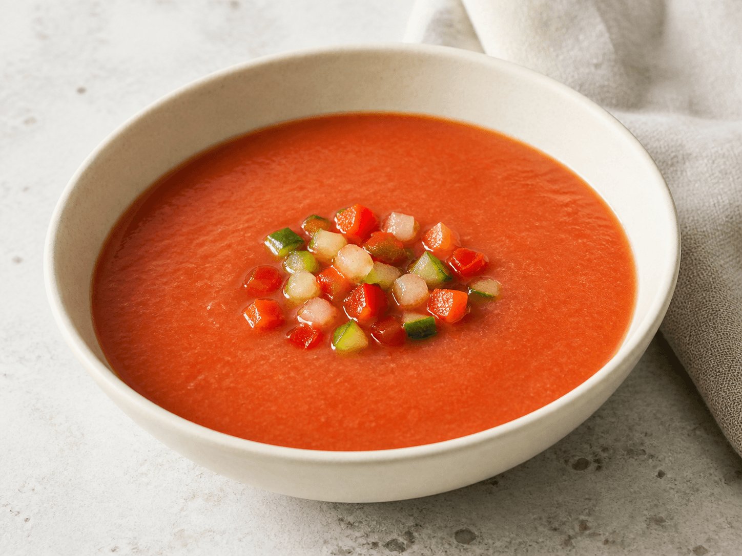 Gaspacho tomate et concombre, présentation du plat terminé