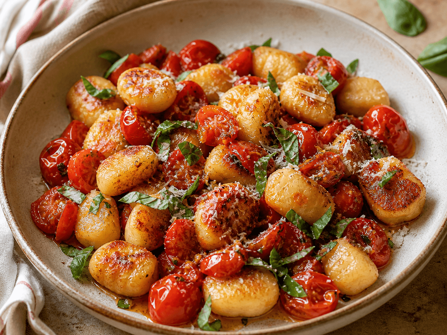 Gnocchis poêlés aux tomates cerises et basilic, plat terminé présenté naturellement