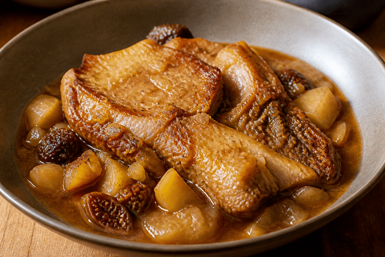 Grillade de porc en cocotte, chou-rave et figue séchée, plat terminé présenté naturellement