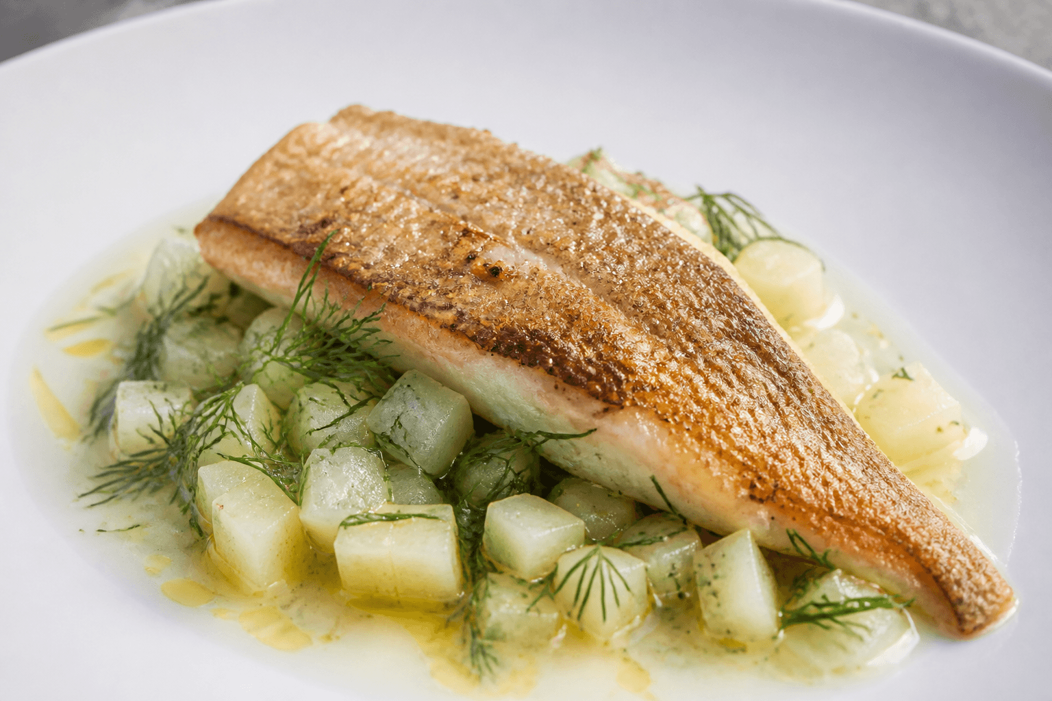 Grondin perlon poêlé au fenouil sauvage, chou-rave au citron, plat terminé présenté naturellement