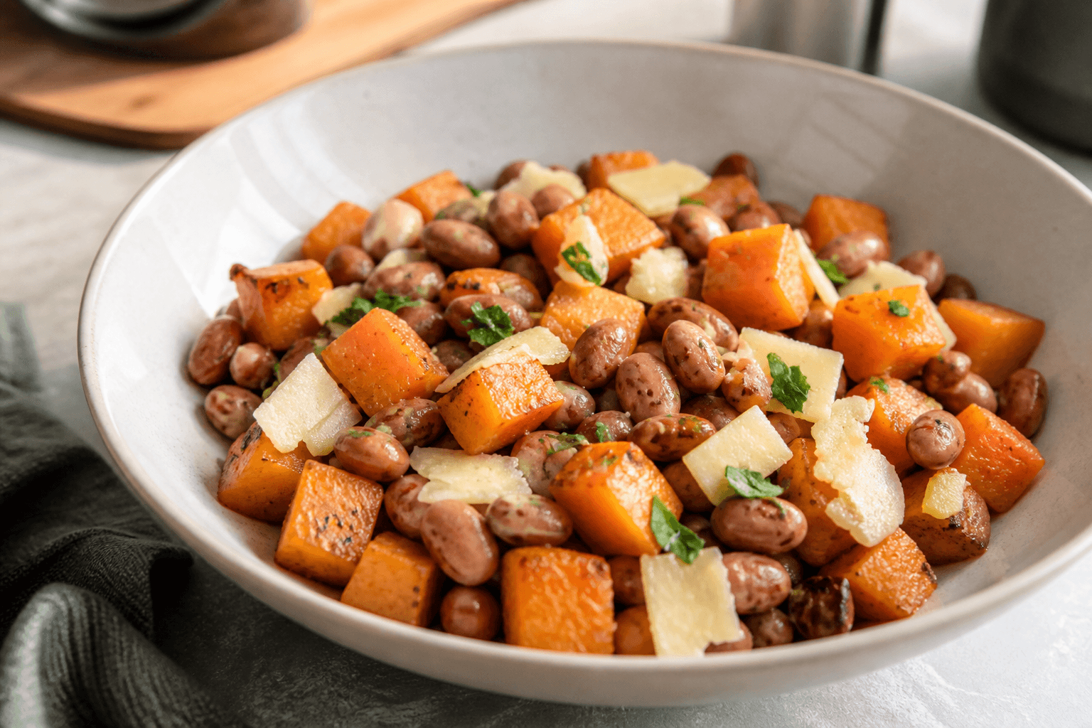 Poêlée de haricots borlotti avec courge butternut et ossau-iraty