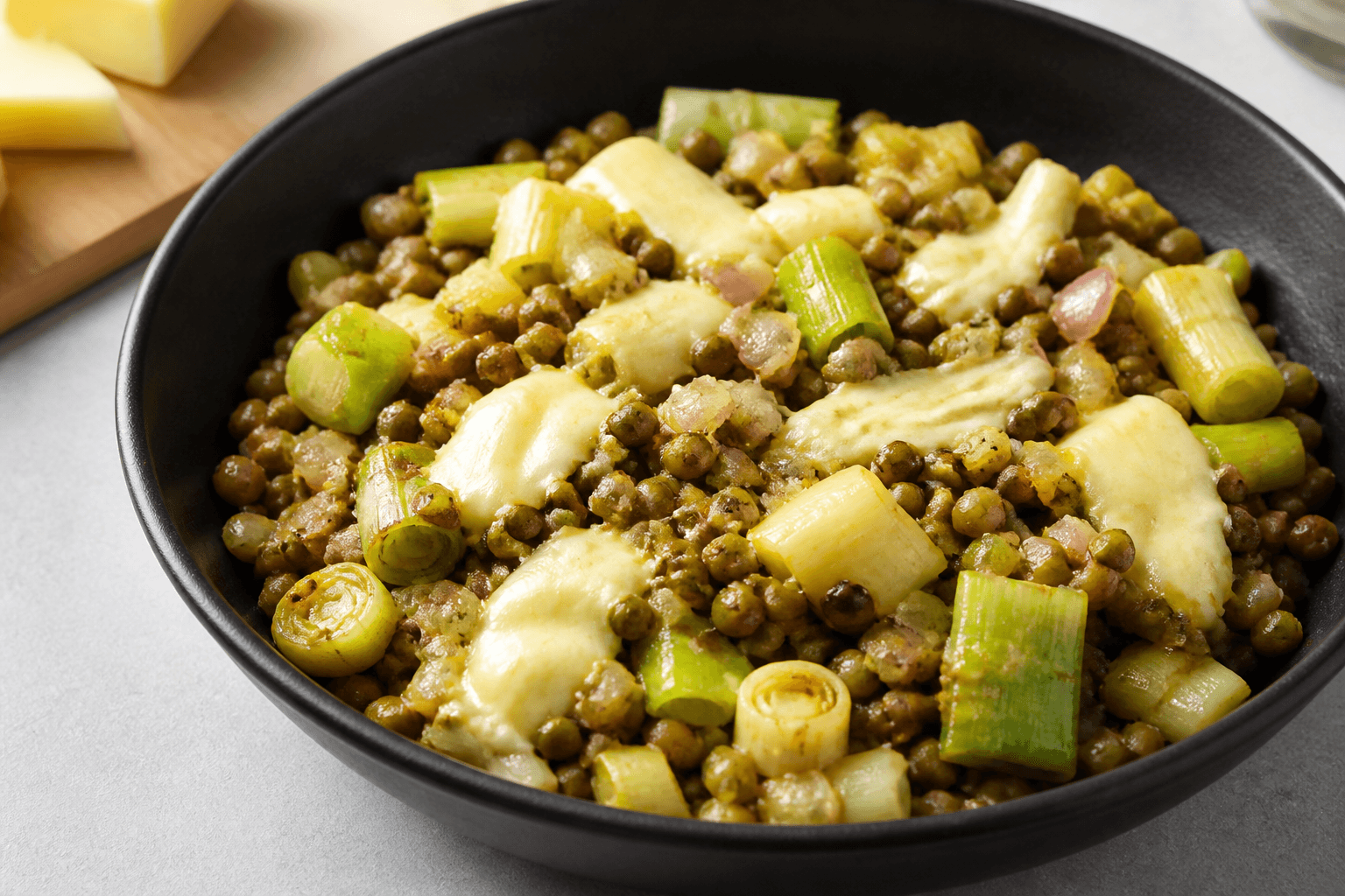 Poêlée de haricots mungo, poireau et tomme fraîche, plat terminé présenté naturellement
