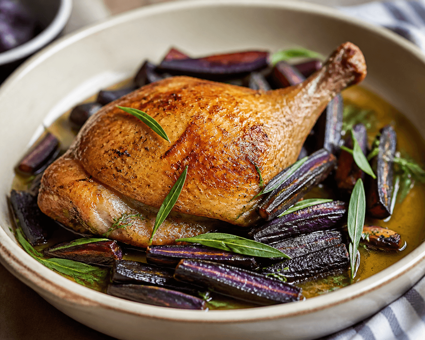 Haut de cuisse de pintade au four, carotte violette et estragon, plat terminé présenté naturellement