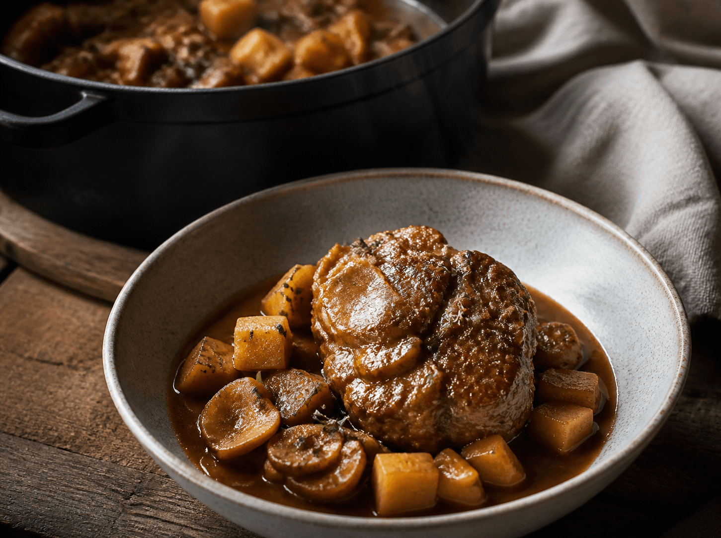 Photo du plat fini : Jarret de porc, céleri-rave et pomme séchée