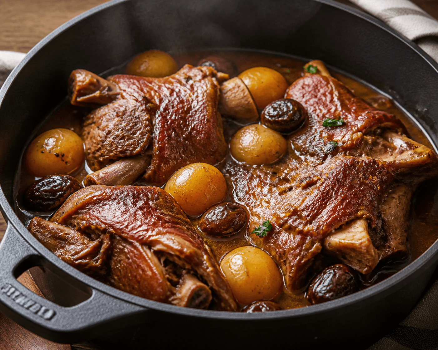 Jarret de porc en cocotte, navet boule d'or et datte, plat terminé présenté naturellement