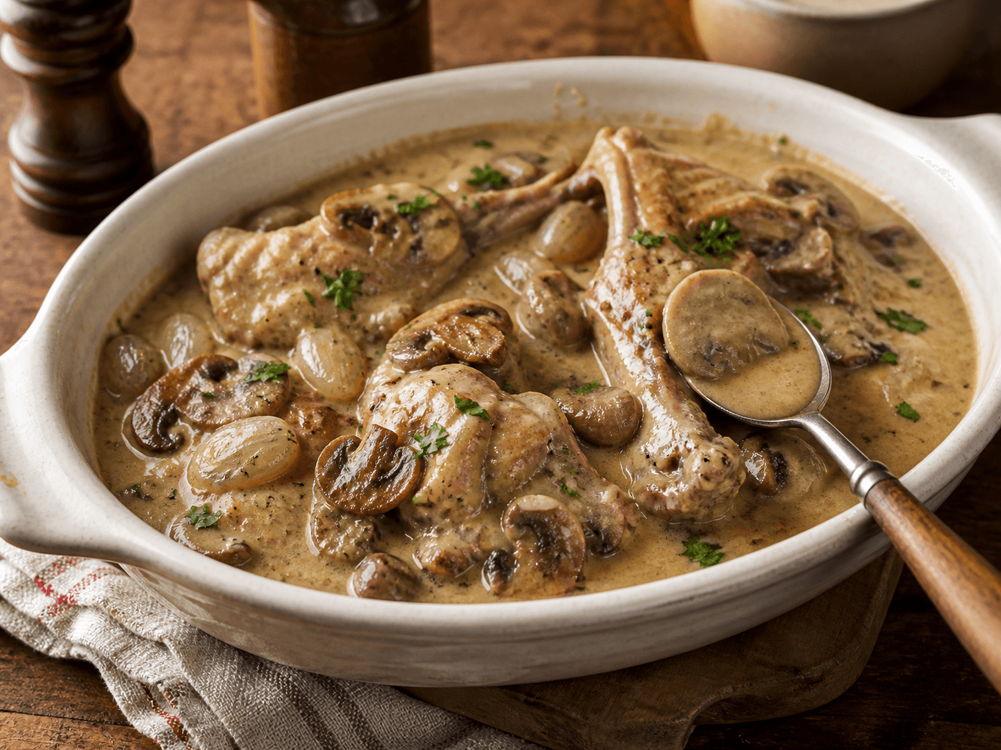 Lapin à la moutarde et champignons en cocotte, plat terminé présenté naturellement