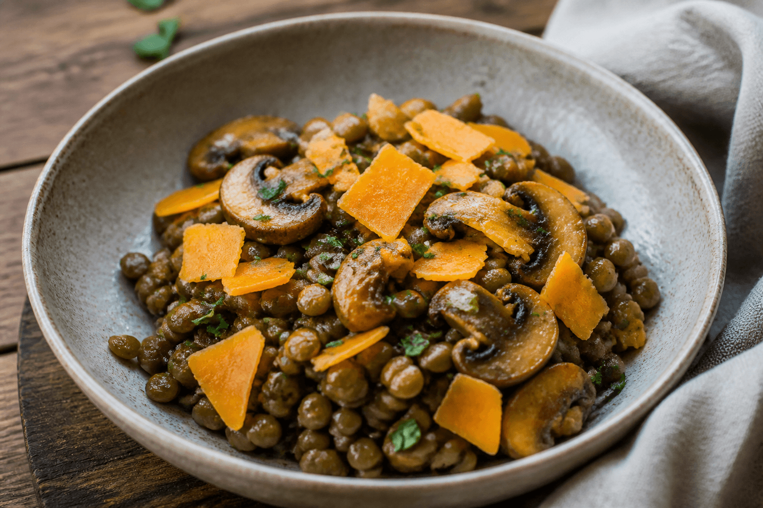 Poêlée de lentille verte, champignon de Paris et mimolette, plat terminé présenté naturellement
