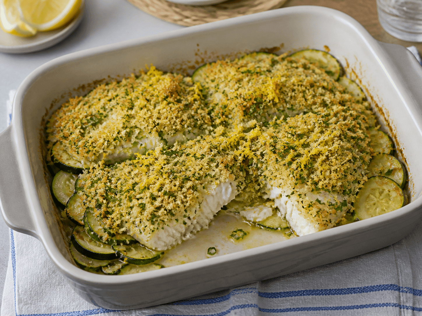 Lieu noir en crumble persillé aux courgettes, plat terminé présenté naturellement