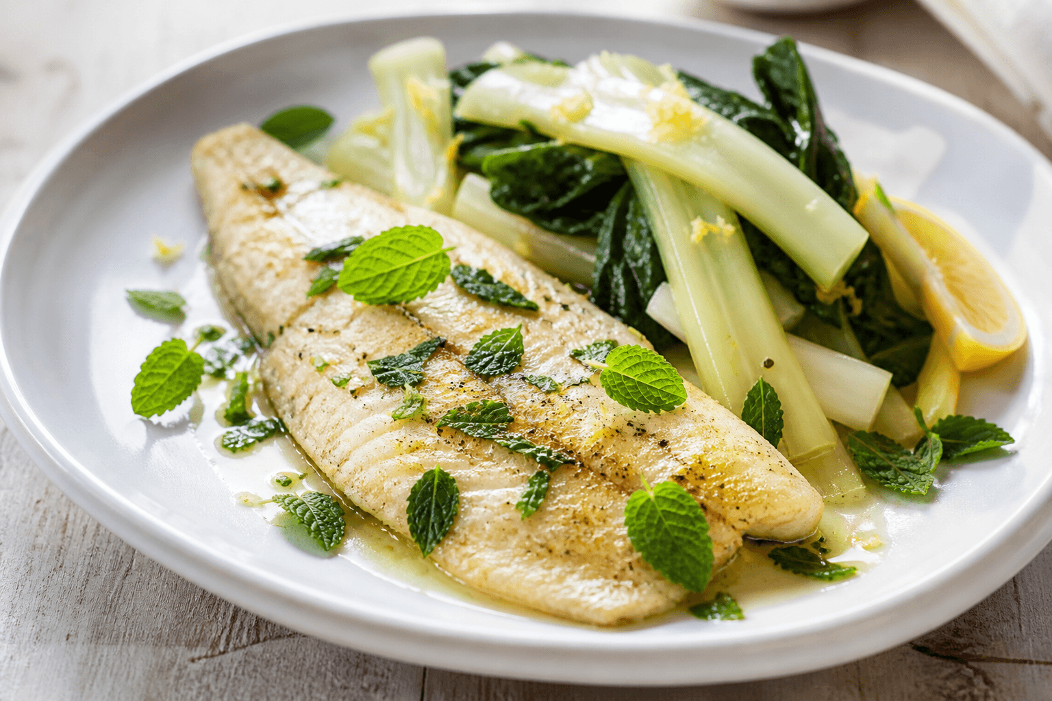 Filets de limande poêlés avec blette blanche citronnée et mélisse fraîche dans une assiette.