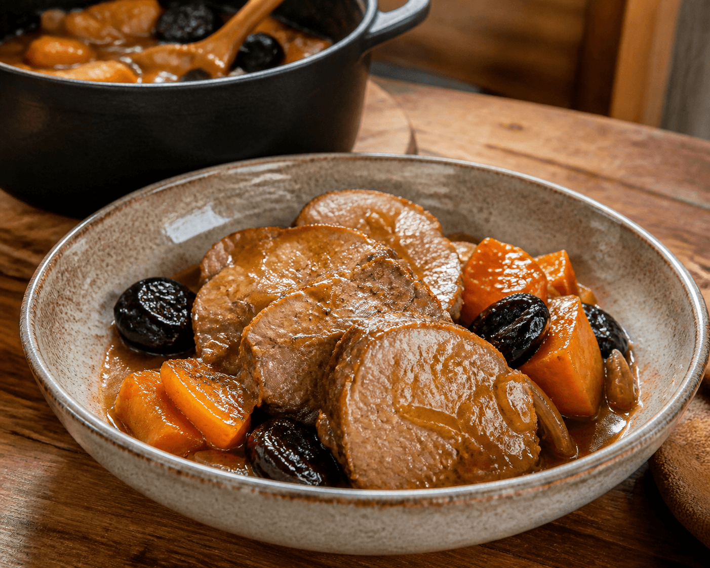 Photo du plat fini : Longe de porc, courge et pruneau