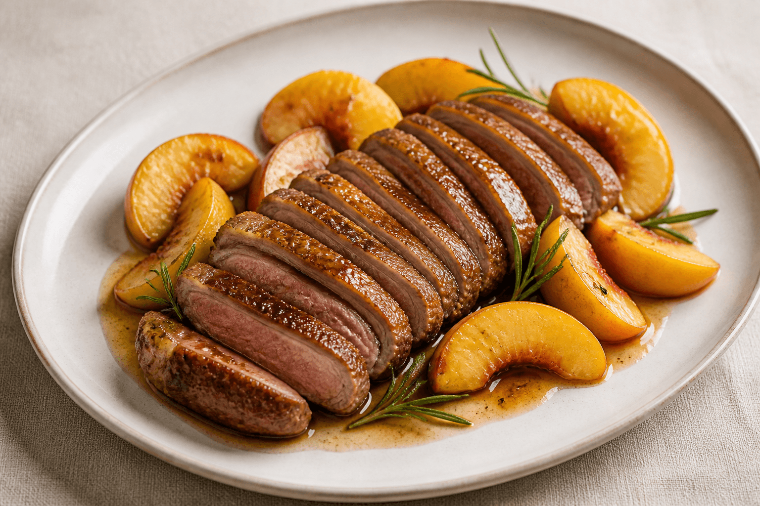 Magret de canard aux pêches et romarin, plat terminé photographié avec les ingrédients principaux visibles