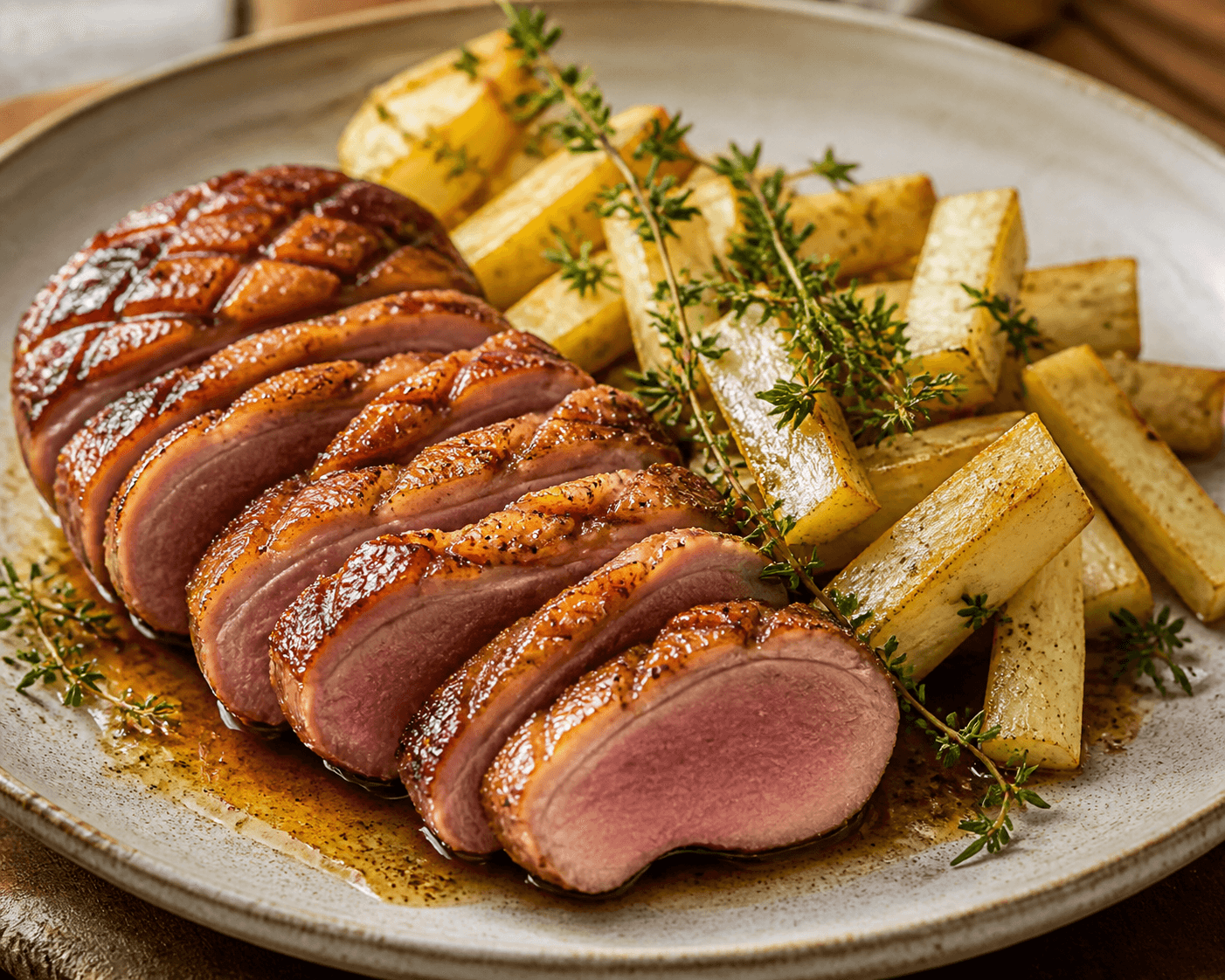 Magret de canard tranché avec céleri-rave rôti et thym citron dans un plat clair.