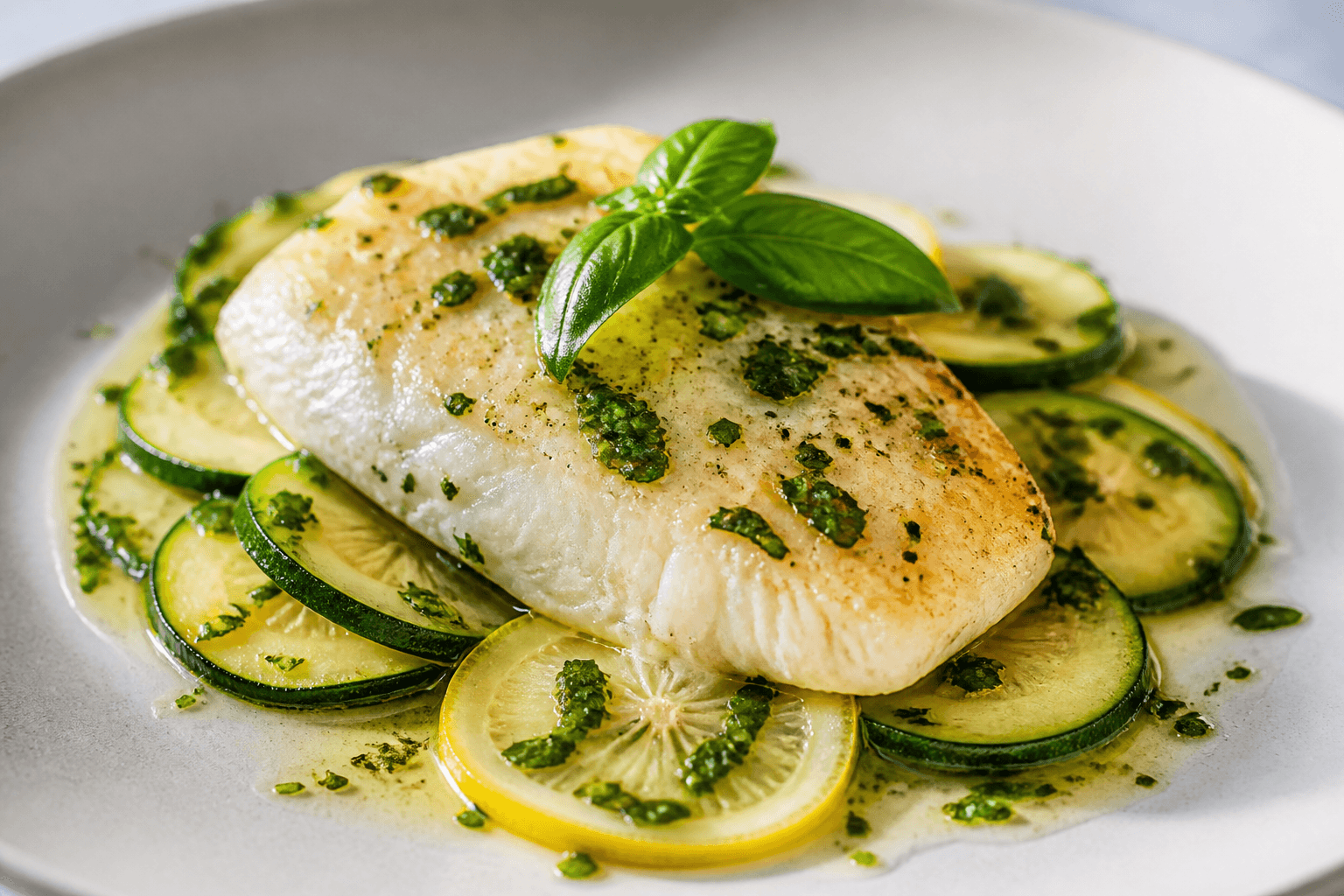 Merlu poêlé au basilic, courgette au citron, plat terminé présenté naturellement