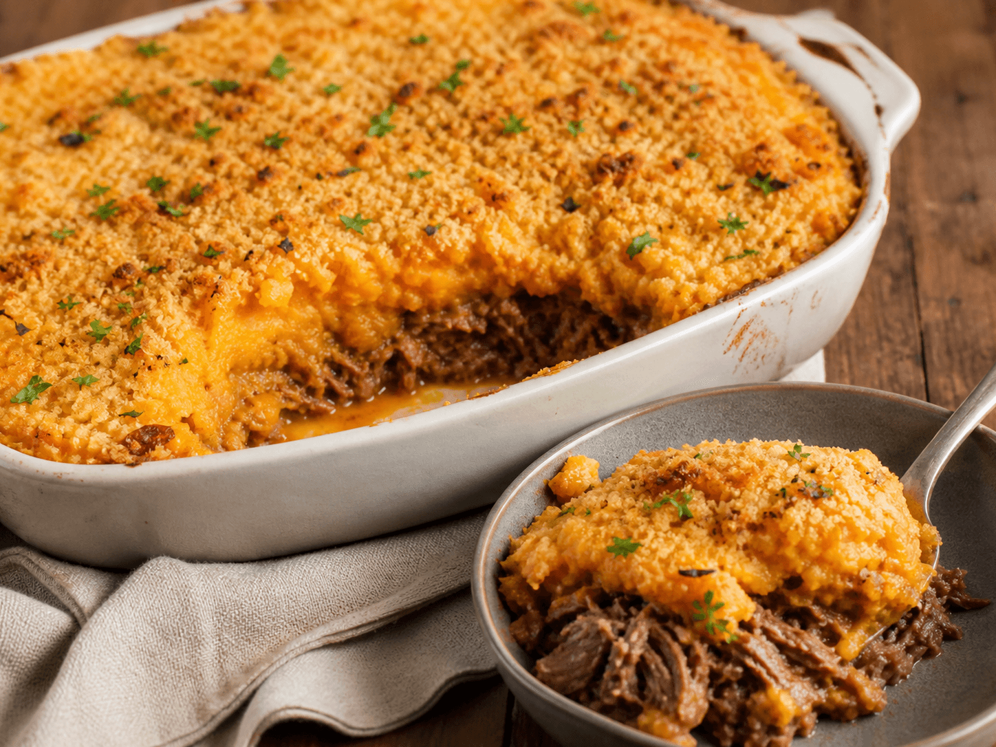 Parmentier de canard à la patate douce, plat terminé présenté naturellement