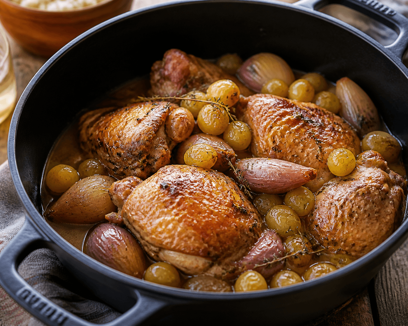 Pintade aux raisins et échalotes en cocotte, plat terminé présenté naturellement
